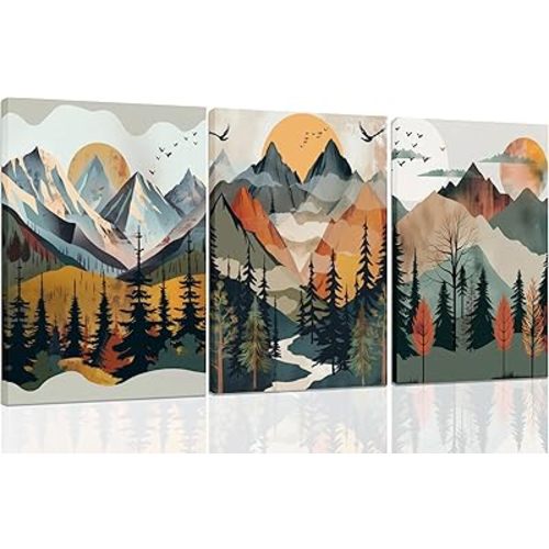 3Pcs Mountain Nursery Wall Art Abstract Sunset Forest Landscapes Cancas Prints Woodland Adventure Theme Posters Watercolor nature Pictures Paintings for Boys Room Nordic Style Wall Decor Framed