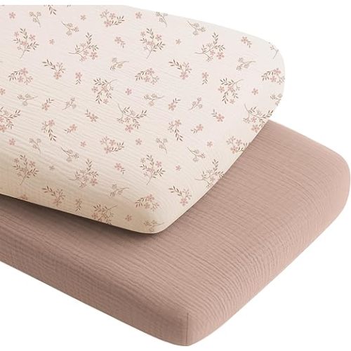 Konssy 2 Pack Muslin Bassinet Sheets for Boys, Girls, 100% Cotton Soft Breathable Fitted Bassinet Mattress Sheet, 33 x 21 inches (Soft Blooms,Taupe)