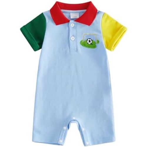 Baby Boy Soccer Outfit Newborn Short Sleeve Soccer Embroidery Romper Lapel Button Jumpsuit Infant Cute Summer Outfit