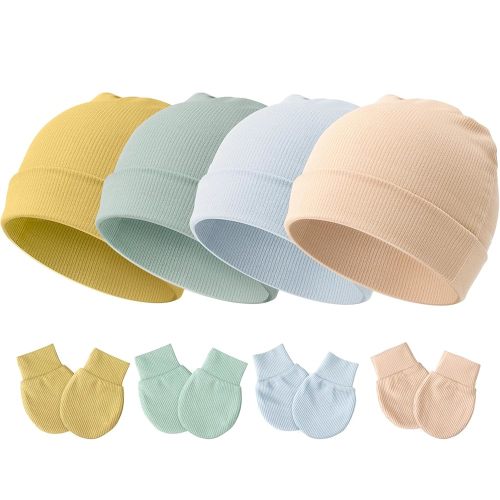 DRESHOW BQUBO Baby Newborn Hats with Scratch Mittens for Unisex Preemie Newborn Hats Hospital Hat for Boys Girls 0-6 Months