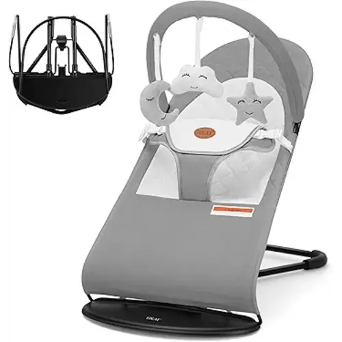 HKAI Baby Bouncer, Portable Baby Bouncer Seat for Babies 0-18 Months, 100% Cotton Fabrics, 3 Modes of use with Rocker and Stationary Options, Infant Rocker Chair with Hanging Toys-Light Grey