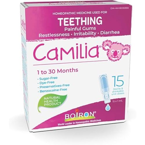 Boiron Camilia Baby Teething Relief Medicine, 15 unit-doses (1 ml each). Camilia relieves pain, restlessness, irritability and diarrhea due to teething. Benzocaine-Free and Preservative-Free with Natural Active Ingredient,No Sugar, No Dye
