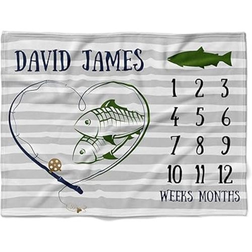 Personalized Fishing Theme Baby Blanket, Baby Fish Blanket, Milestone Blanket for Baby Boy, Baby Monthly Milestone Blanket Boy, Baby Boy Swaddle Blanket, Receiving Baby Blanket Boy