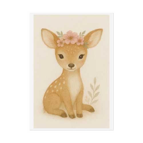 Baby Deer Nursery Wall Art – Woodland Fawn Print with Floral Crown, Boho Animal Poster for Girl’s Room or Gender Neutral Decor