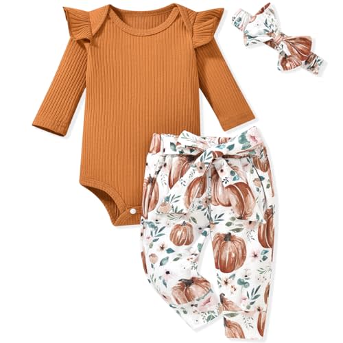 Aalizzwell Preemie Newborn Infant Baby Girls Clothes Ribbed Romper Bodysuit Pants Set Fall Winter Outfits