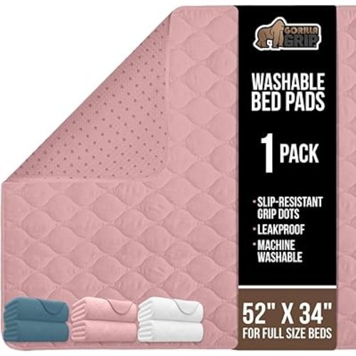 GORILLA GRIP Washable Underpads, Waterproof Reusable Heavy Absorbency Incontinence Bed Pads, Leak Proof Toddler Mattress Pad, 52x34 Slip Resistant Protector for Bedwetting, Adults and Kids, Pink