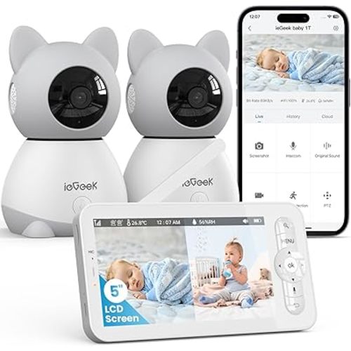 ieGeek Split-Screen Baby Monitor with 2 Camera and Audio-Two 2K Video Monitor with 5" Screen -Night Vision,Two-Way Talk,Cry&Motion Detection,Temper&Humidity Sensor,Remote Control via Screen and APP