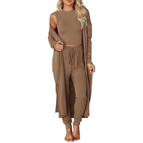 KIRUNDO 3 Piece Lounge Sets for Women Airport Travel Vacation Outfits 2026 Fall Cardigan Matching Sleeveless Top Jogger Pants