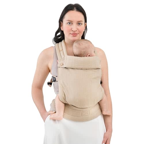 AUYEAZGO Baby Carrier - Premium Fibers 100% Linen, for Newborn to Toddler, Compact & Adjustable, Ergonomic with Lumbar Support, 7-44 pounds, Almond