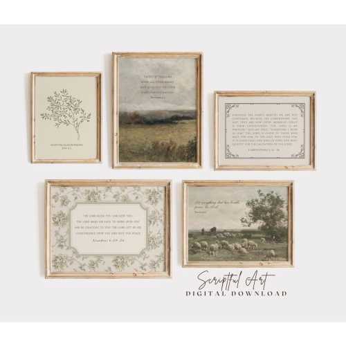 Christian Gallery, Vintage Scripture Decor, Cottagecore Bible Verse Prints: Set of 5, Digital Download