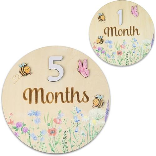 Baby Monthly Milestone Cards - Wooden Monthly Milestone Discs - Newborn Photography Props to Document Your Baby´s Growth - Baby Announcement Sign (Circle Flower)
