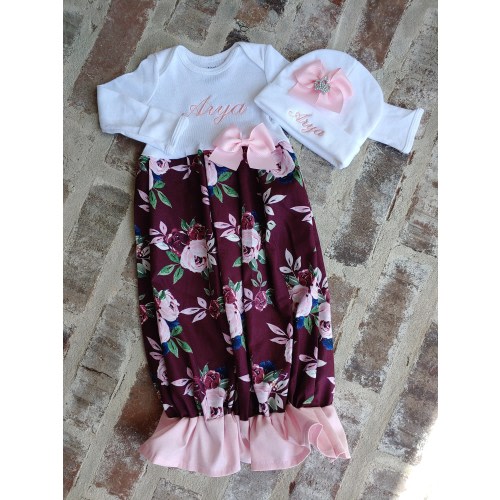 Newborn Girl Coming Home Outfit Personalized Floral Gown Beanie Blush Pink Baby Girl Shower Gifts Take Home Outfit Floral Swaddling Set