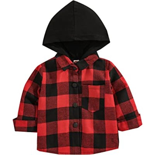 Kids Little Boys Girls Baby Long Sleeve Button Down Hooded Plaid Shirt Red Plaid Flannel Outfits