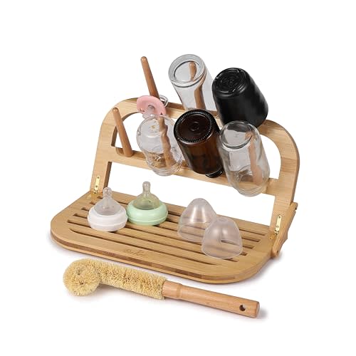 Bamboo Baby Bottle Drying Rack, Baby Bottle drying Rack Space Saving Bottle Drying Rack Bamboo Baby Bottle Rack Dryer, Baby Bottle Holder & Baby Bottle Dryer Rack Baby Bottle Brush and Drying Rack