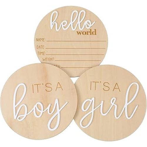 3PCS Newborn Announcement Sign, 5.9in Its a Boy Its a Girl Hello World Wooden Sign Round Gender Reveal Welcome Sign Nursery Birth Baby Name Plaques for Hospital Boys Girls Photo Props Keepsakes