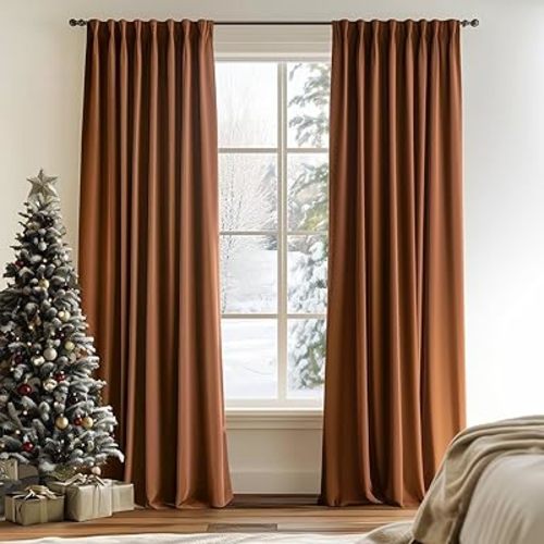 Lazzzy Burnt Orange Velvet Curtains Brown Thermal Insulated 90 Inch Curtain Room Darkening Window Drapes Super Soft Luxury Curtains for Living Room Bedroom Rod Pocket, 2 Panels