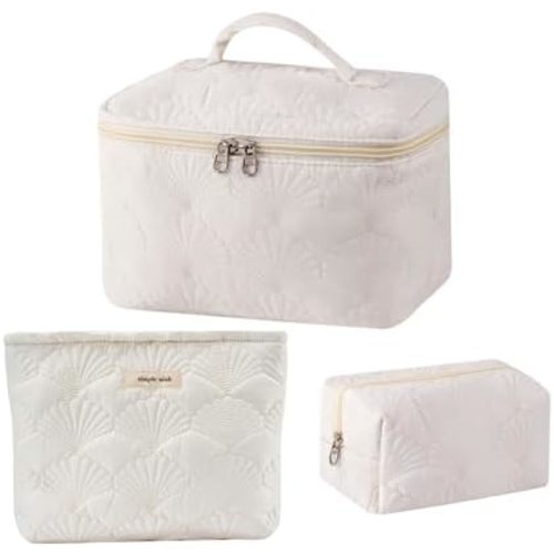 uekeboag 3Pcs White Quilted Cotton Makeup Pouch,Coquette Quilted Toiletry Bag for Women and Girls, Floral Coquette Organizer Bag, Aesthetic Travel Cosmetic Bags(3Pcs White Shell)