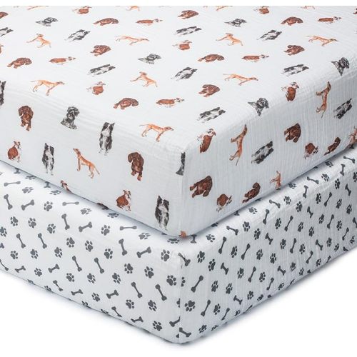 LollyBanks Muslin Crib Sheets 2 Pack, 100% Cotton Baby Crib Sheets for Boys and Girls, Soft and Breathable Neutral Baby Fitted Sheet for Standard 52"x28" Mattress, Registry (Dogs and Paws Design)
