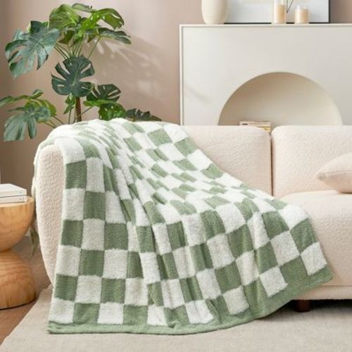 Snuggle Sac Faux Fur Checkered Throw Blanket, Fluffy Feather Yarn Blend Bedding Blankets for Couch or Bed, 50*60", Beige White