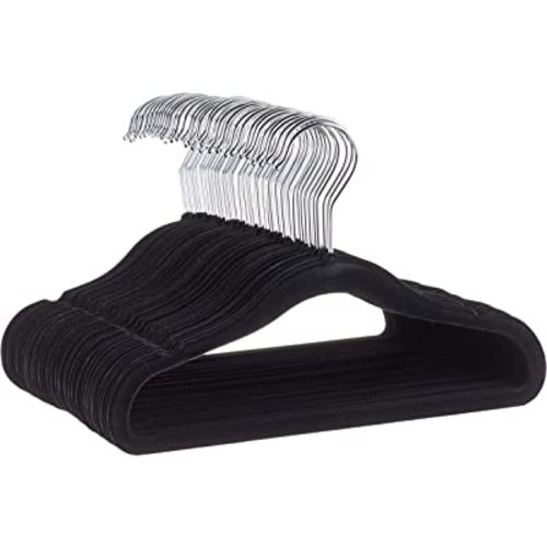 Amazon Basics Kids Velvet, Non-Slip Clothes Hangers for Infant and Toddler, 11.6 inch (for baby clothes), Pack of 50, Black