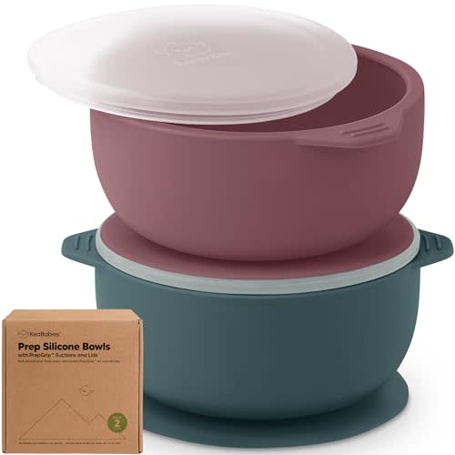 KeaBabies 2-Pack Baby Bowls with Suctions, Lids - Silicone Toddler Suction Bowls for Baby Boy, Girl, Kids, Dog, Food Grade Silicone, BPA-Free, Dishwasher Safe, Toddler Eating Essentials (Rocky)