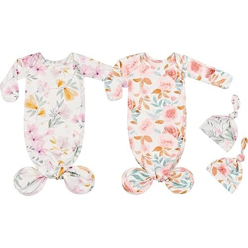 Newborn Baby Sleeper Gown Knotted Gown Baby Girl Coming Home Outfits 2-Piece Gown and Hat Set