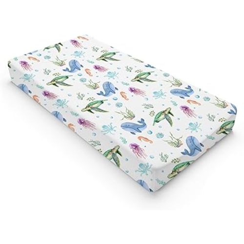 Colorful Sea Animals Changing Pad Cover Ocean Turtle Whale Jellyfish Sea Horse Weeds Sealife Diaper Change Table Pad Cover for Boys Girls Soft Stretch Fitted Changing Mat Sheets Cover 32''x16''