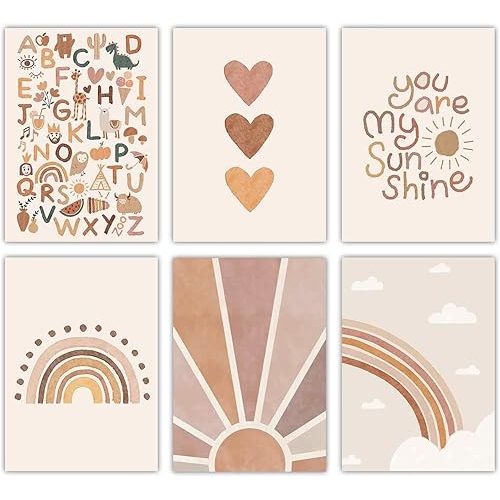 Canssape Set of 6 Baby Nursery Room Decor for Girl 8"x10" You Are My Sunshine Wall Decor | Boho Rainbow Decor for Girls Bedroom | Alphabet Watercolor Kids Wall Decor Nursery Wall Art Prints (Unframed)
