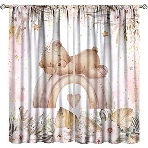 Cartoon Pink Bear Curtains for Girls Bedroom, Watercolor Bohemian Tropical Flowers Palm Leaves Cute Rainbow Heart Print Window Curtains for Baby Girls Room Living Room, 42" W X 54" L