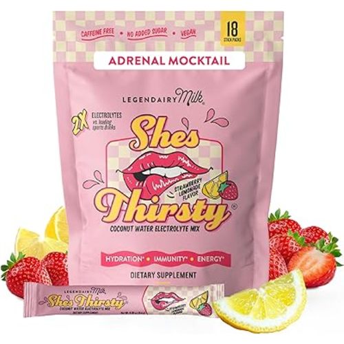 Legendairy Milk She’s Thirsty Hydration Packets | Cortisol Supplement for Stress Relief & Adrenal Support | Coconut Water Electrolytes Powder, Strawberry Lemonade, No Sugar Added 18 ct