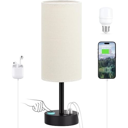 Beige Touch Lamp for Bedroom with USB - 3 Way Dimmable Table Lamp for Nightstand, Small Lamp with Black Charging Station for Desk Dorm, Office, Nursery