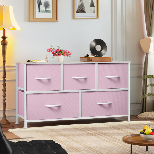 Dextrus Wide Storage Tower with 5 Drawers - Fabric Dresser, Organizer Unit for Bedroom, Living Room, Closets & Nursery - Sturdy Steel Frame, Easy Pull Fabric Bins & Wooden Top (Pink)