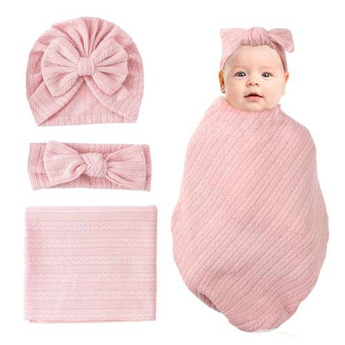 Jastore Baby Infant Swaddle Blankets for Girls 3PCS Newborn Accessories Set with Matching Hat and Bow Headband (Pale Pink, 33"*35")
