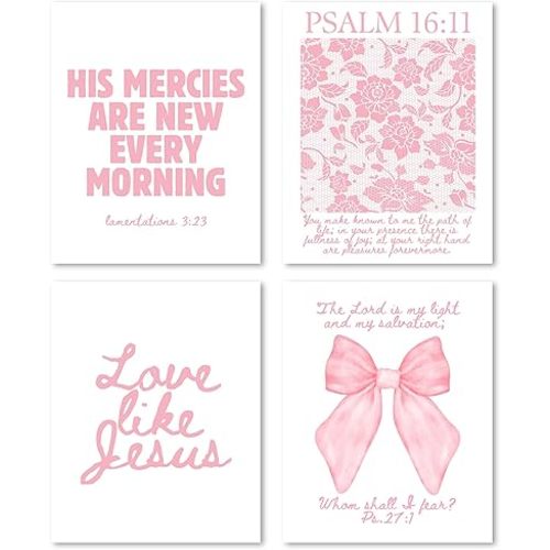 FGFK Girly Pink Christian Wall Art Prints Set of 4, Lamentations 3:23 Psalm 16:11 Psalm 27:1 Bible Verse Preppy Posters Pictures Wall Decor for Girls Room Dorm Apartment, 8x10 Unframed