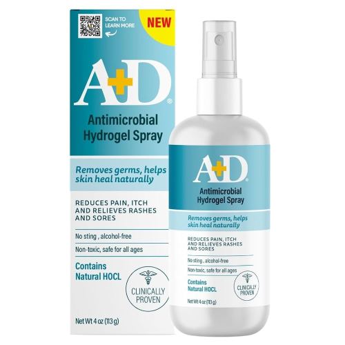 A+D Antimicrobial Hydrogel Spray – with Hypochlorous Acid, Removes Germs, Helps Heal Rashes & Irritations, Reduces Itch & Pain, Alcohol-Free, Non-Sting Formula, Safe for All Ages, 4oz
