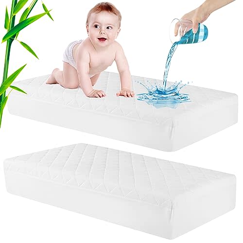 Waterproof Crib Mattress Protector, Baby Mattress Cover, Soft and Breathable Quilted Toddler Mattress Pad 52"×28", White, 2 Pack