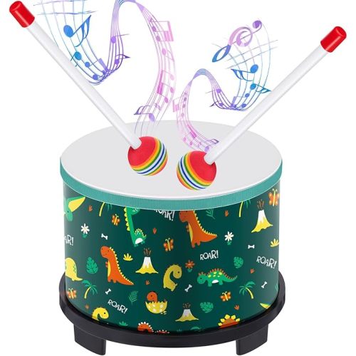 Boao Floor Tom Drum for Kids 8'' W x 6.5'' H Wooden Percussion Instrument Music Drum with 2 Rainbow Mallets Dinosaur Educational Toys for Baby Children Toddler Boy Girl Birthday Gift