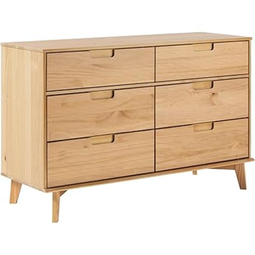 Walker Edison Mid-Century Modern Grooved Handle Wood 6-Drawer Dresser, 52 Inch, Natural Pine