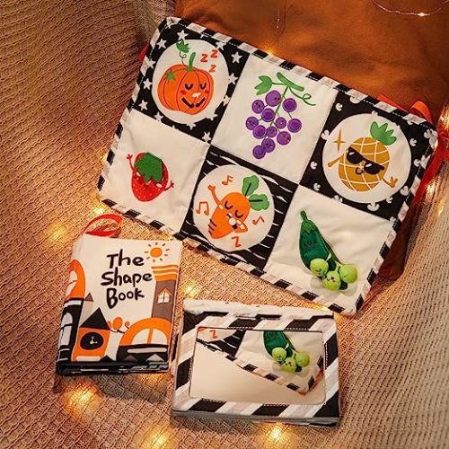 TUMAMA Baby Crib Black White Hanging Toy, Soft Cloth Shape Book, Crib Play Mats High Contrast Double Sides, Floor Mirror Books Letters Numbers Animals for Baby 0 3 6 9 12 Months
