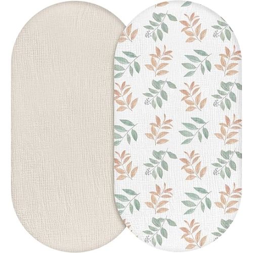 Muslin Bassinet Fitted Sheets 2 Pack, Soft Breathable Cotton Baby Bassinet Mattress Sheet Set, 360° Elastic Snug Fit, Universal for Oval, Rectangle (Green Leaf, Bassinet Sheets 2 Pack)