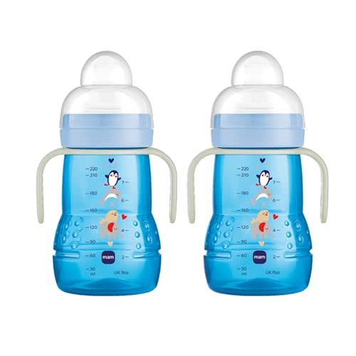 MAM Trainer Sippy Cup for Toddlers 1-3, 8 oz. Transition Drinking Cup with Extra-Soft Spout, Spill-Free Nipple, and Non-Slip Handles, for boys 4+ Months, 2 Count