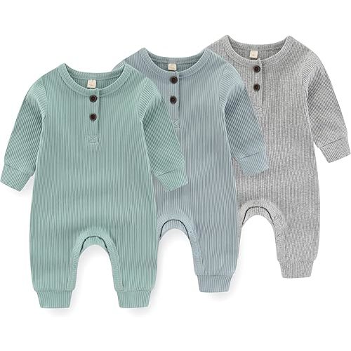 Newborn Baby Boys Girls One Piece Romper With Mitten Cuffs 3 Pack Long Sleeve Ribbed Button Jumpsuit Outfit Clothes