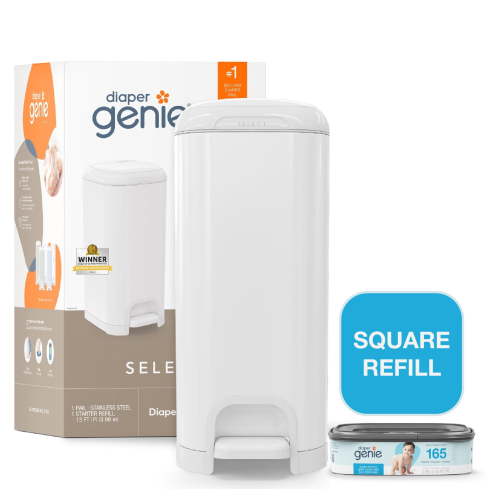 Diaper Genie Select Pail,White,Stainless Steel, 1 Diaper Pail,1 Square Refill-165 Ct, Infant