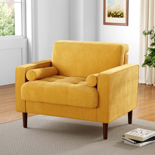 DREAMSIDEA Modern Upholstered Corduroy Accent Chairs Comfy Armchair Reading Chair with Pillows for Living Room Bedroom Reading Room,Yellow
