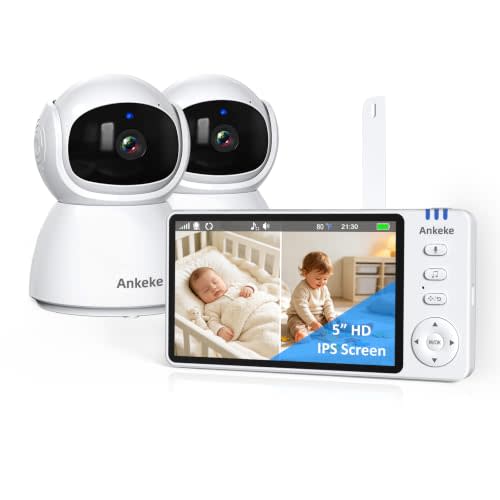 Baby Monitor with 2 Camera and Audio, No WiFi Baby Monitor with 5" 720P HD Screen, 100-Hour Battery, 1000ft Long Range, 2-Way Talk, Voice Motion Detection, Night Vision and 355°PTZ