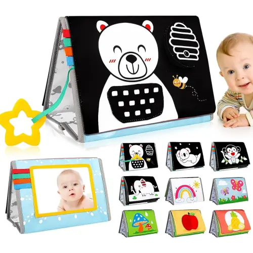 Tummy Time Mirror Baby Toys 0-6 Months - Infant Toys Black and White High Contrast Baby Crinkle Toys 0-3 Months with Teether - Montessori Newborn Brain Development Sensory Toys for Babies