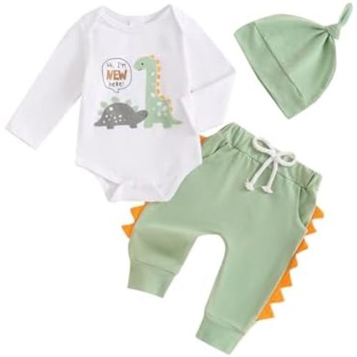 Newborn Infant Baby Boy Outfit Little Brother Romper Infant Letter Print Dinosaur Clothes Drawstring Pants Hat