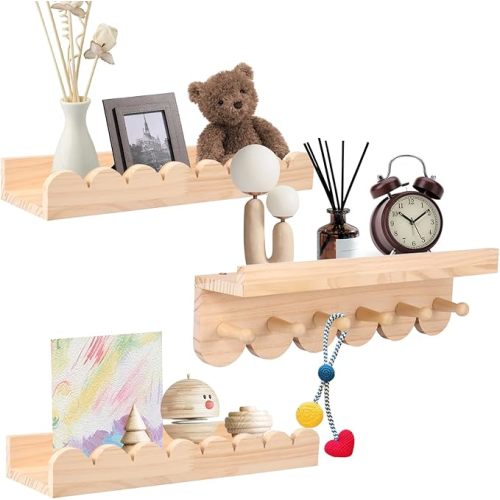 Scalloped Wood Wall Storage Shelf with Hook Strong Load Bearing Space Saving Wood Floating Wall Shelf for Nursery Living Room Toddler Room.(3Pcs)