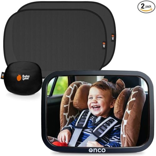 Onco Baby Car Mirror & Car Window Shades Bundle (18.9″ × 12″) - UPF 50+ Window Shade, 100% Shatter-Proof Car Mirror for Baby, Universal Shades & Mirror