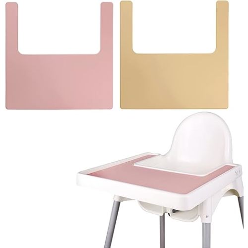 High Chair Placemat, Long Lasting High Chair Placemat Silicone, 2-Piece Set, Can Be Used Interchangeably, Suitable for IKEA Antilop Highchai, for Toddlers and Babies (Pink/Khaki)